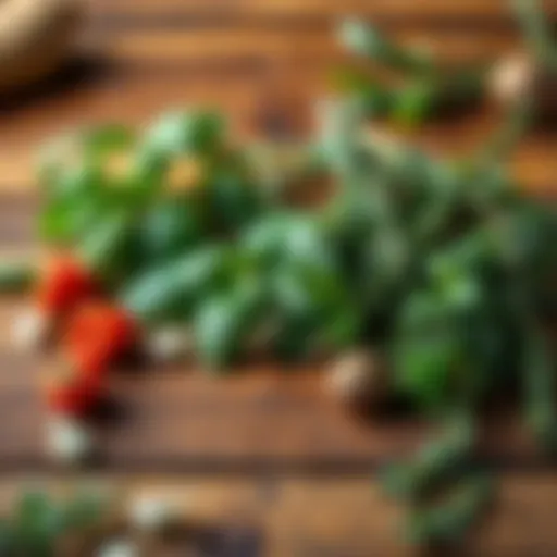 A variety of fresh herbs including basil, parsley, and rosemary spread out on a wooden table