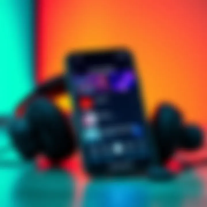 A colorful playlist on a smartphone screen with various music genres displayed and headphones nearby.