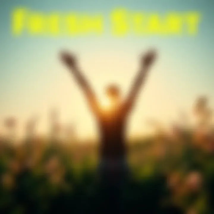 Fresh Start A person standing in a sunlit field with arms raised, surrounded by green plants and flowers, symbolizing renewal and positivity.