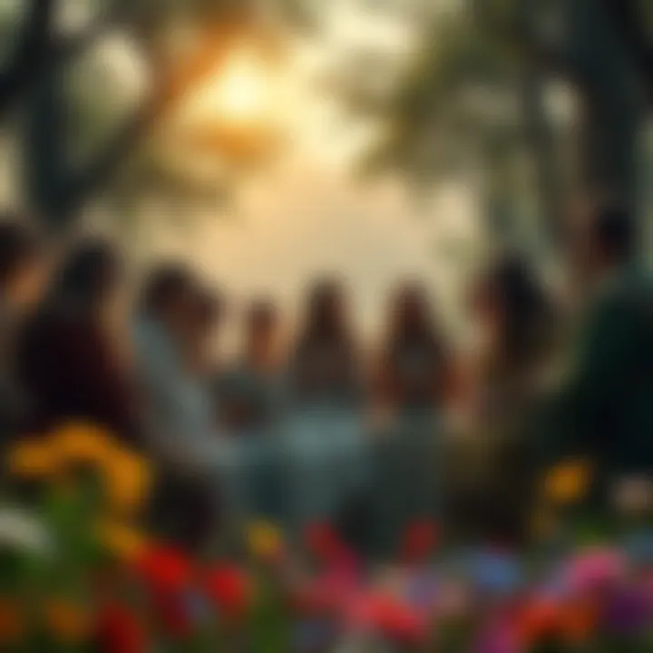 A group of people sharing stories and experiences about Freyja, surrounded by nature and flowers, symbolizing love and war.