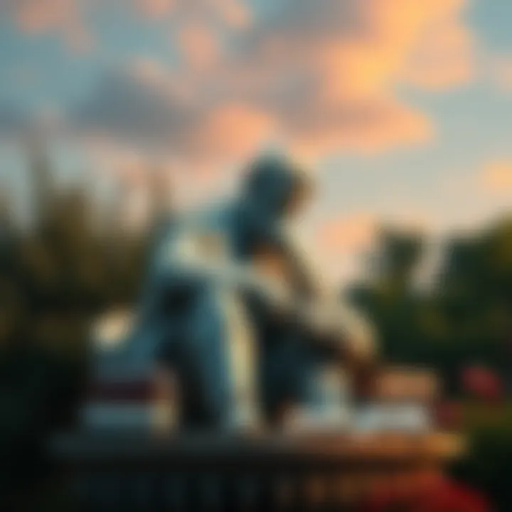 Philosopher Friedrich Nietzsche A statue of Friedrich Nietzsche in a contemplative pose, surrounded by books and nature, symbolizing his philosophical ideas.