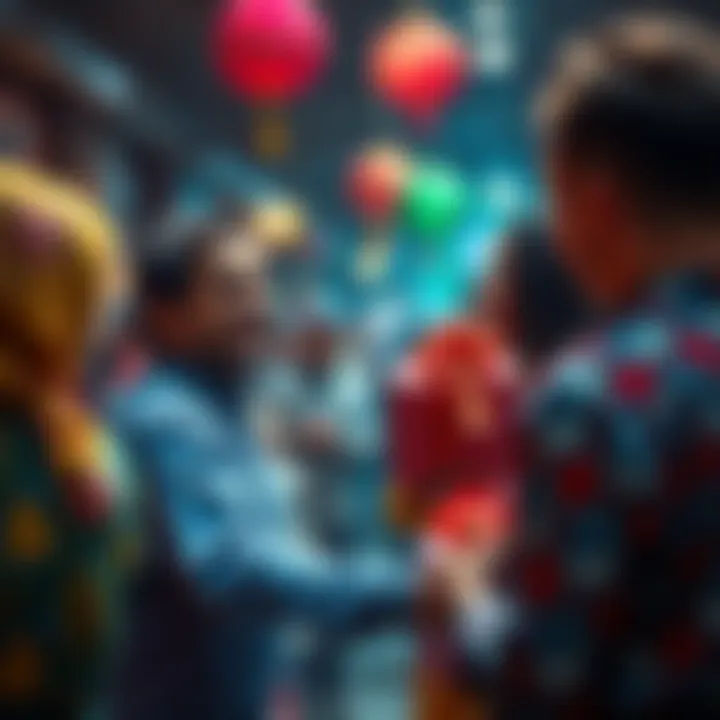 A person joyfully giving gifts to others in a community setting, symbolizing charitable actions and kindness.