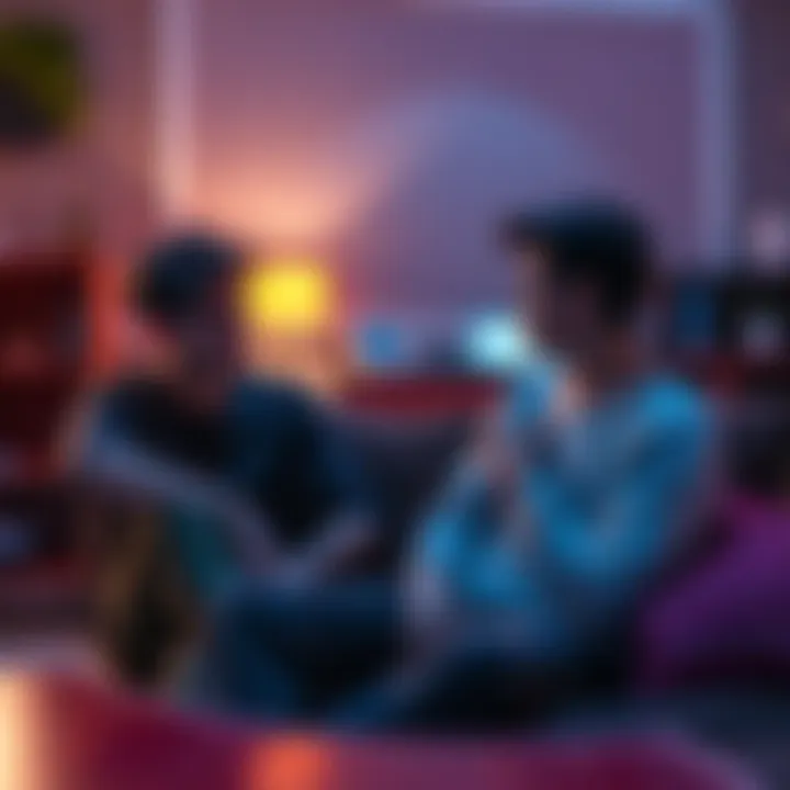 A young person sitting on a couch looking concerned while talking to a friend who is visibly anxious about coming out as LGBTQ+. The room has a warm and inviting atmosphere.