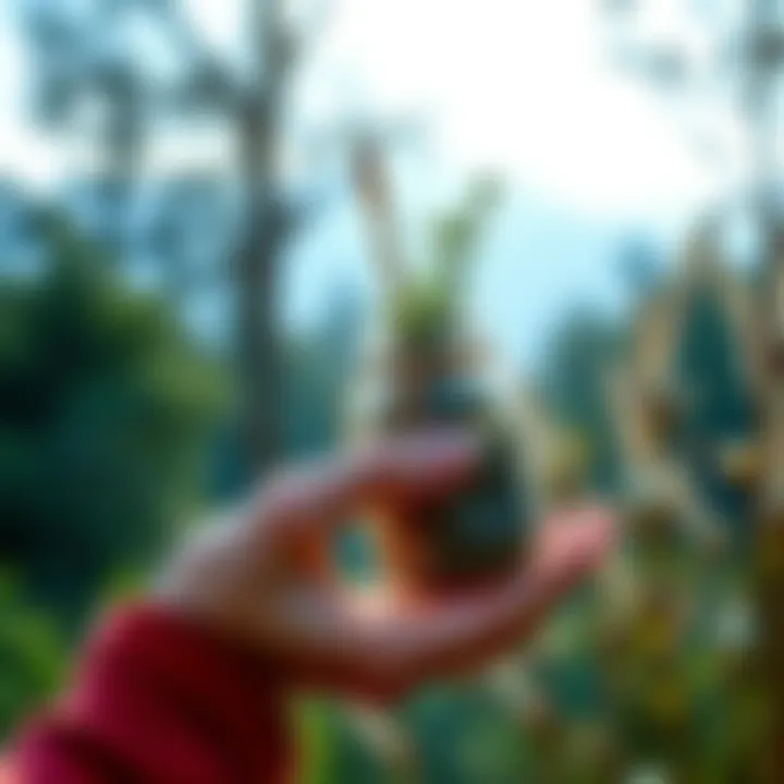 A friend holds a small satchel of herbs, reflecting on using them for supportive spells to help a loved one. The background shows a calming nature scene, symbolizing healing.