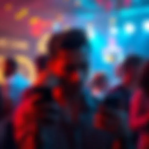 A person looks conflicted while holding a phone, contemplating whether to tell their friend about cheating, with a blurred party scene in the background.
