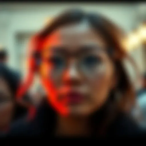 A woman wearing glasses, with unusual reflections changing her appearance in the lenses