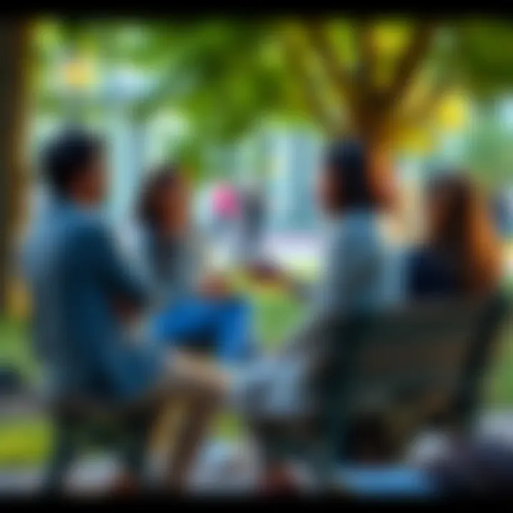A woman sitting on a park bench, animatedly recounting a strange sighting to a group of intrigued friends nearby