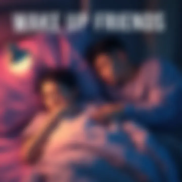 A person gently waking a friend who looks distressed in bed, showing concern on their face