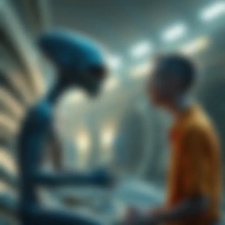 A depiction of a friendly alien encounter with a gray alien and a human, showing a calm interaction in a peaceful setting.