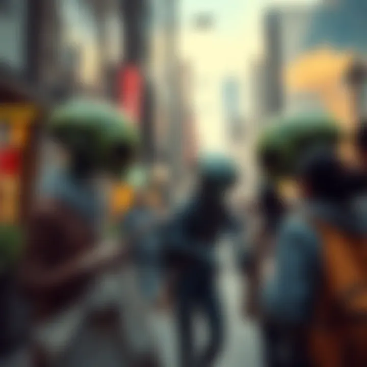 Benevolent extraterrestrial beings interacting with people in a city, engaging in social activities and sharing experiences