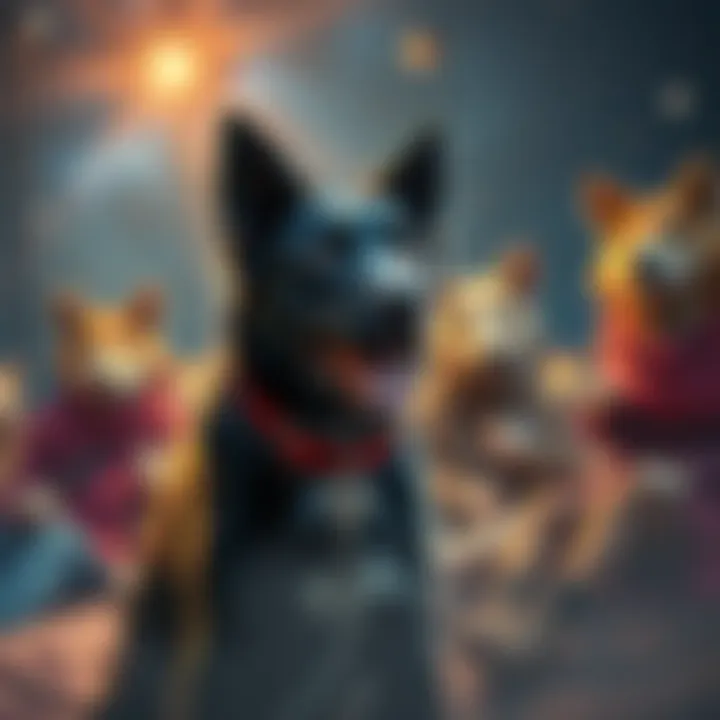 Friendly black dog and people with animal heads A friendly black dog sits with figures having animal heads in a dreamlike setting