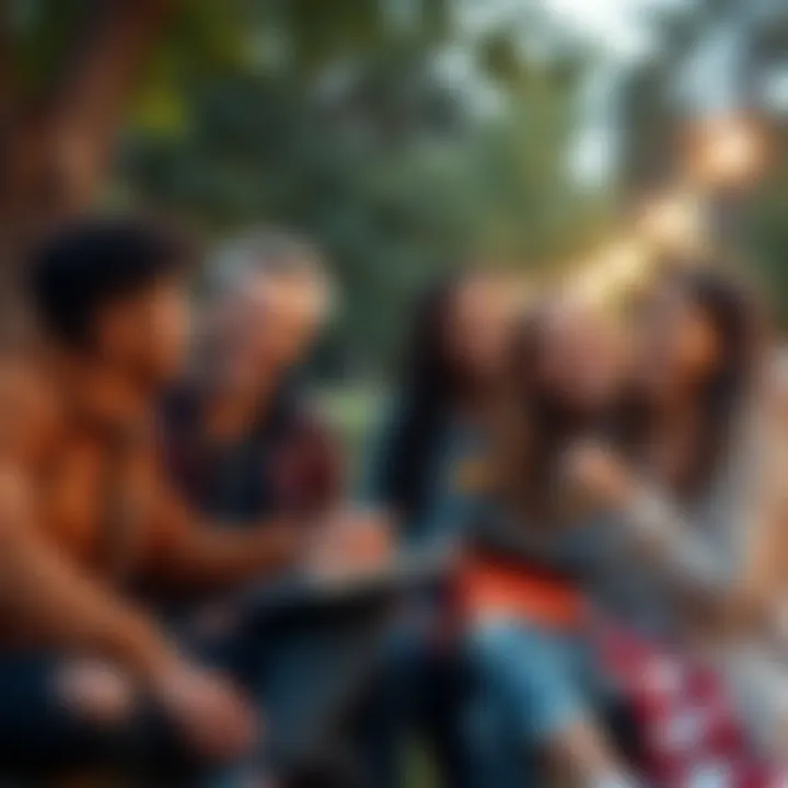 A group of friends laughing and enjoying each other's company in a cozy park setting, showcasing a casual and upbeat atmosphere.