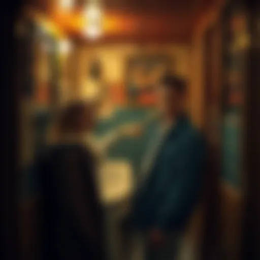 Two friends standing in a vintage bar bathroom, looking surprised and intrigued by their encounter.