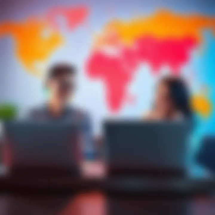 Two friends video chatting on their laptops, smiling at each other, with a world map in the background, symbolizing long-distance friendship.