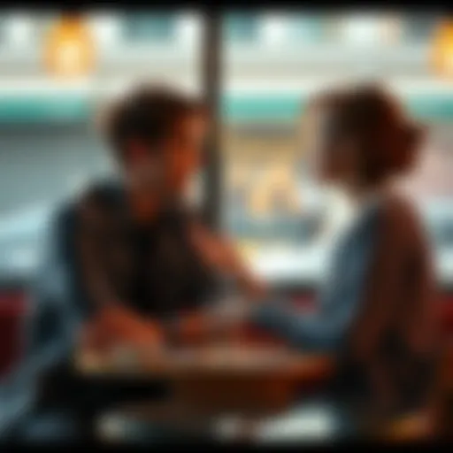 Two friends sitting at a café, one is reaching out to speak while the other looks attentive, showing connection and initiation in friendship.