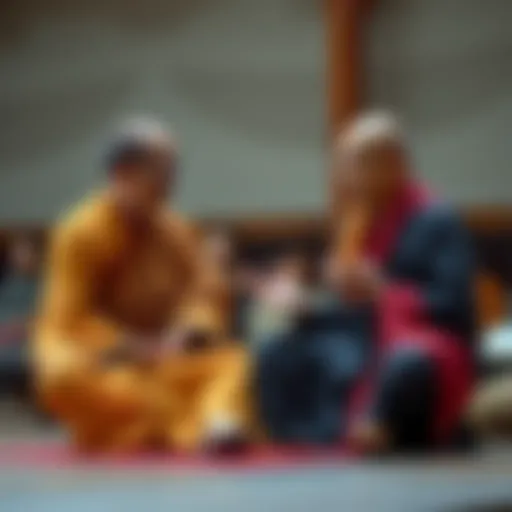 A Zen Buddhist and a Vajrayana practitioner sit together, engaged in conversation, showing a respectful exchange of ideas.