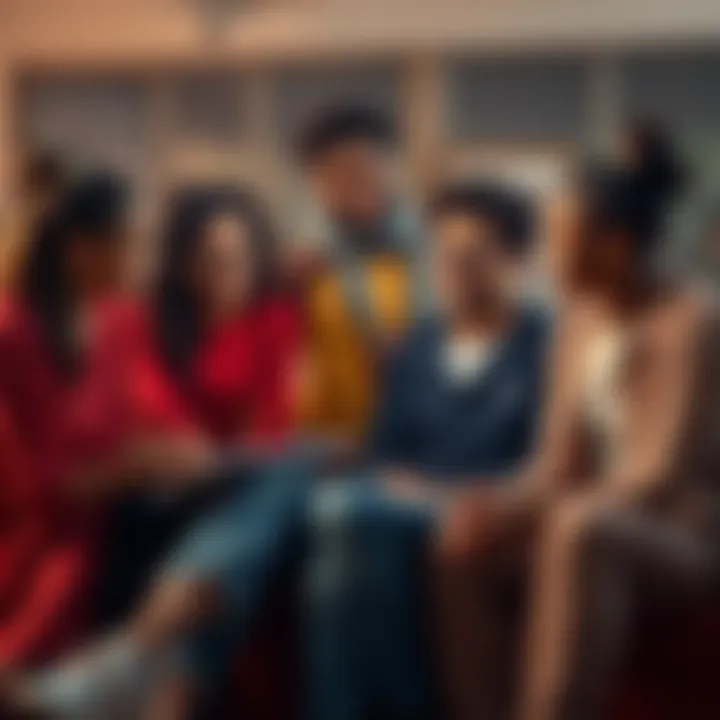 Group of friends discussing A diverse group of friends sitting together, engaged in a deep conversation about emotions and support in friendships, showcasing understanding and compassion.