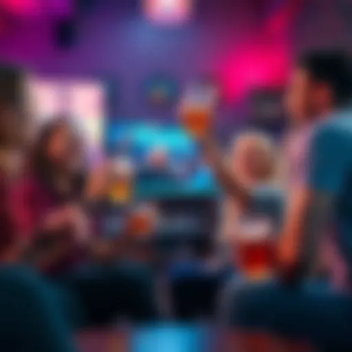 Friends sitting together, laughing and raising drinks while watching a TV show, reacting to the word 'Yeah'