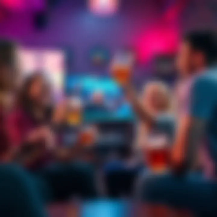 Group of friends playing a drinking game Friends sitting together, laughing and raising drinks while watching a TV show, reacting to the word 'Yeah'