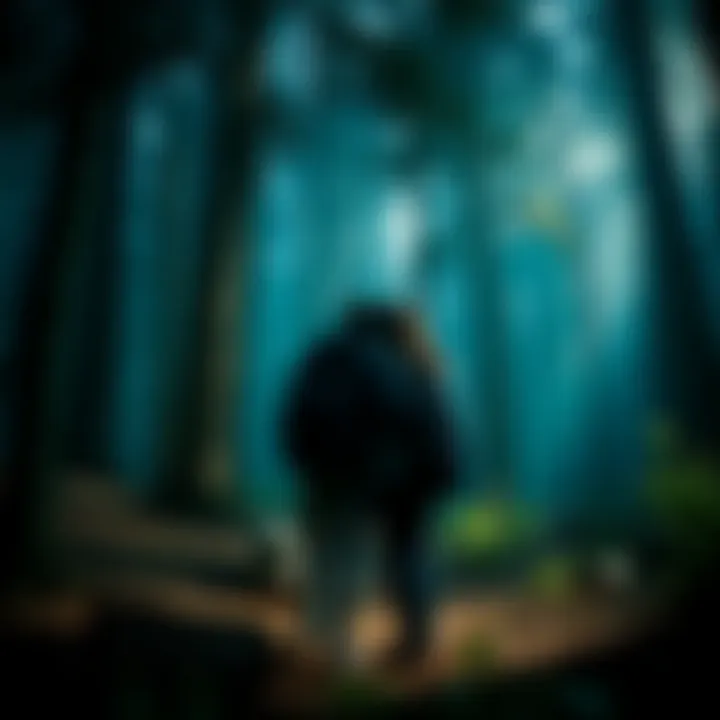 Two friends stand close together in a dark forest, looking scared as they hear strange noises around them.