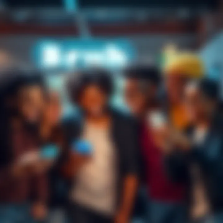 Group of friends laughing at a bruh meme A group of diverse friends looking at their phones and laughing at a funny bruh meme together.