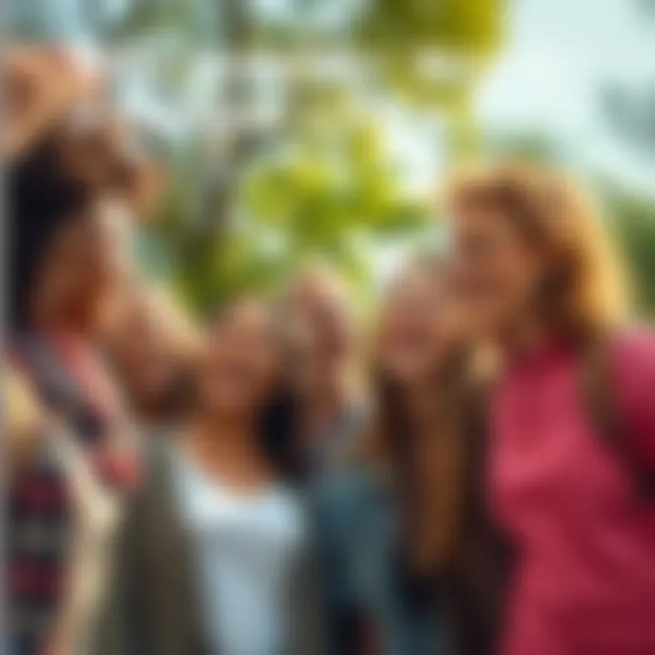 A group of diverse friends sharing a laugh outdoors, promoting happiness and connection
