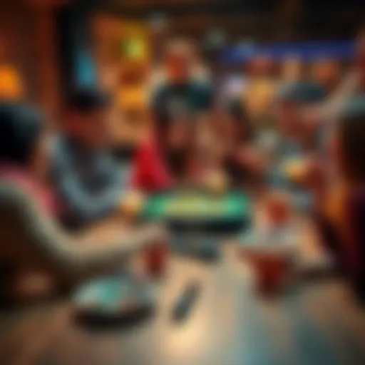 A group of friends playing board games and laughing around a table, sharing snacks and drinks, creating a fun atmosphere.