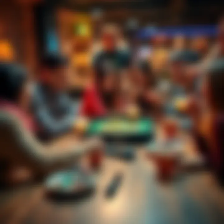 A group of friends playing board games and laughing around a table, sharing snacks and drinks, creating a fun atmosphere.