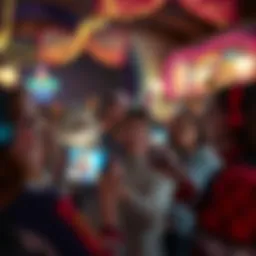 A group of people joyfully sharing pictures of their magical friends during Familiar Friday, with a friendly atmosphere and light decorations.
