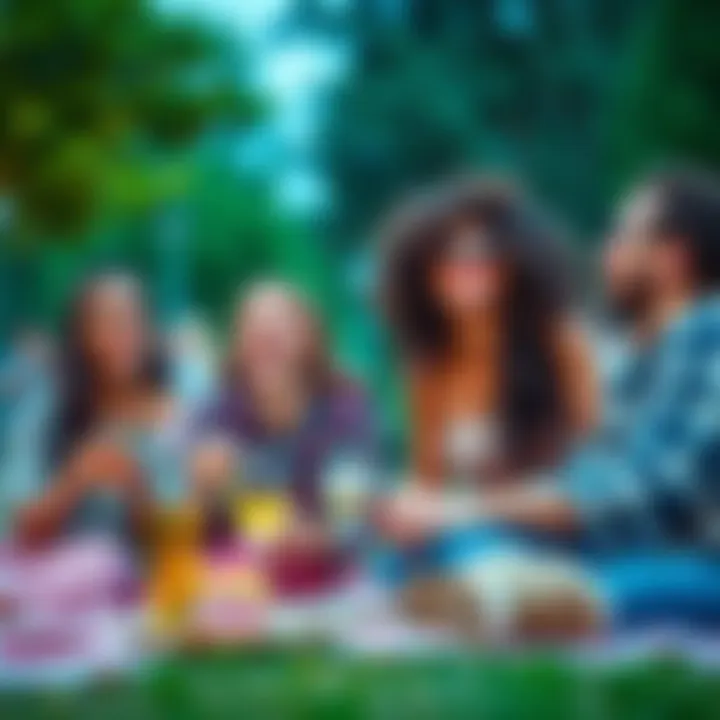 A group of friends laughing and enjoying a picnic in the park, capturing joyful moments together