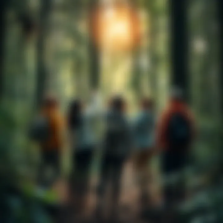 A group of friends stands in a forest, pointing at a mysterious creature hidden among the trees. The scene shows curiosity and surprise as they try to understand what they see.