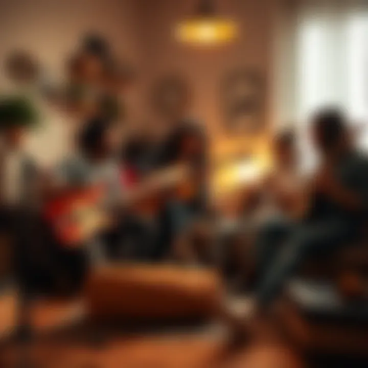 A group of friends playing instruments together in a cozy room, enjoying music and laughter.
