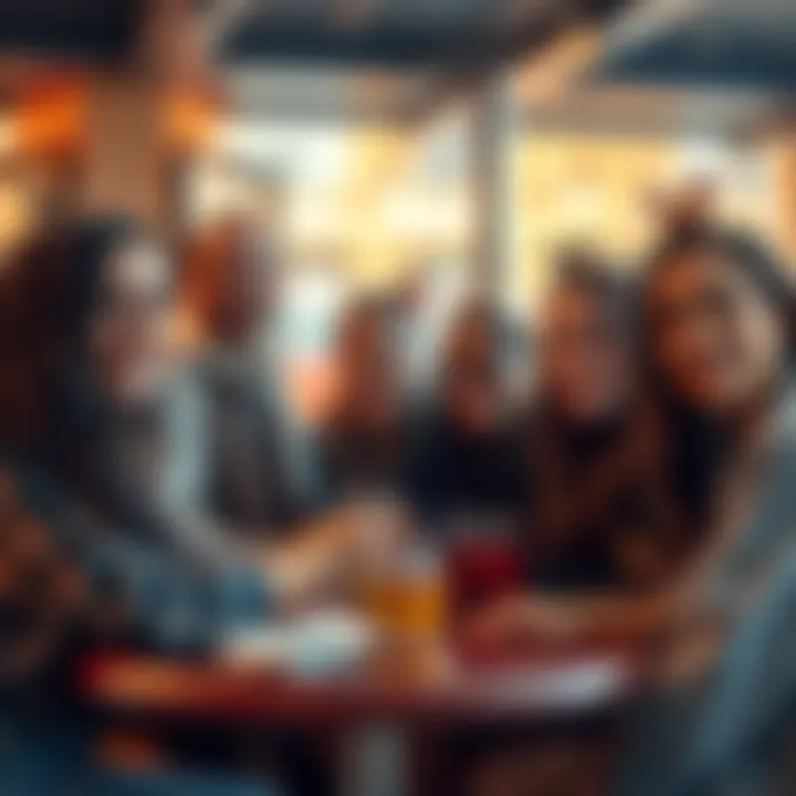 A diverse group of friends smiling, each wearing a Virgo zodiac symbol, enjoying time together at a café.