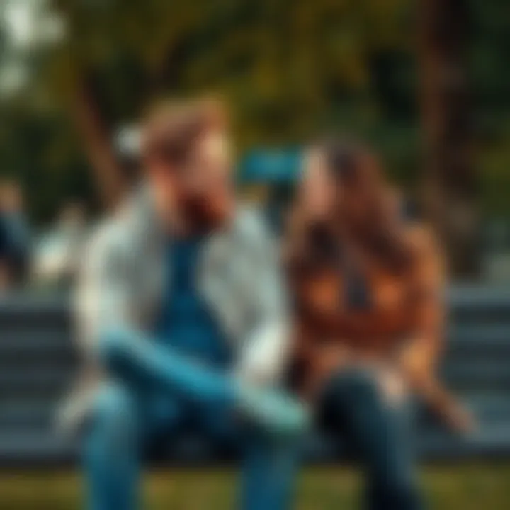 A man and woman sitting together on a park bench, smiling and chatting, representing a friendly relationship after a breakup.