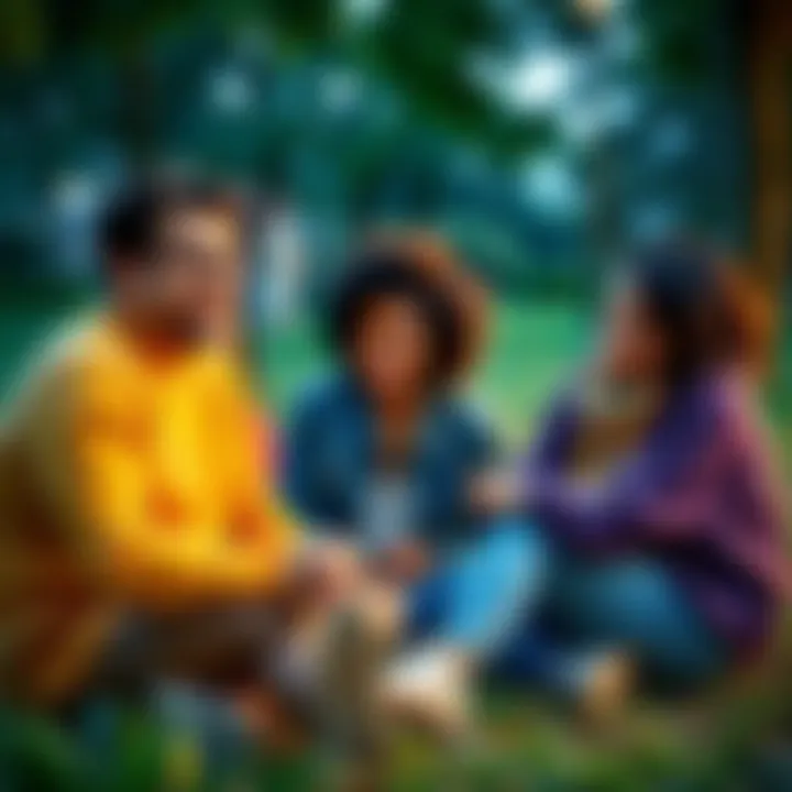 A diverse group of friends sitting in a park, chatting and sharing their birth dates and origins with smiles.