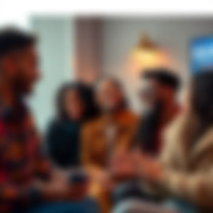 Group of friends using the term 'bruh' in conversation A group of diverse friends chatting and laughing, with one person animatedly saying 'bruh' during the discussion