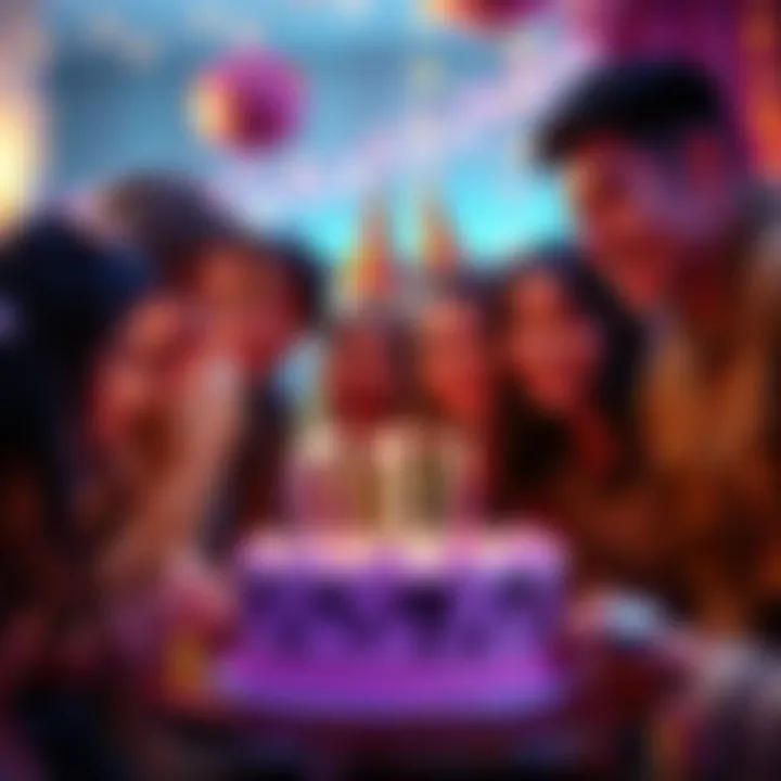 A group of friends gathering around a birthday cake with candles, smiling and celebrating together.