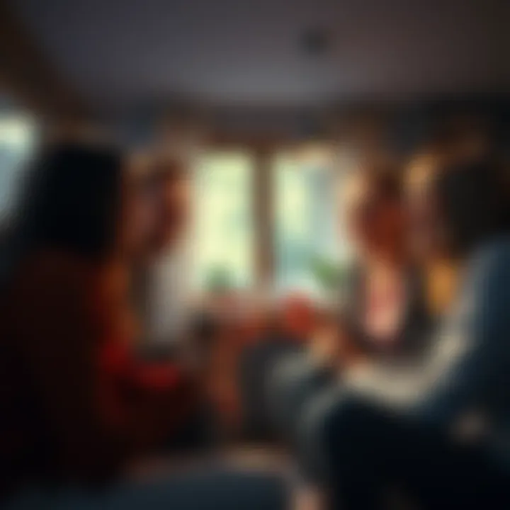 A small group of friends talking and laughing together in a cozy setting, showing warmth and connection