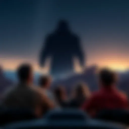 A group of friends in a car looks out at a massive black figure in the distance under a starry sky near Zion National Park.