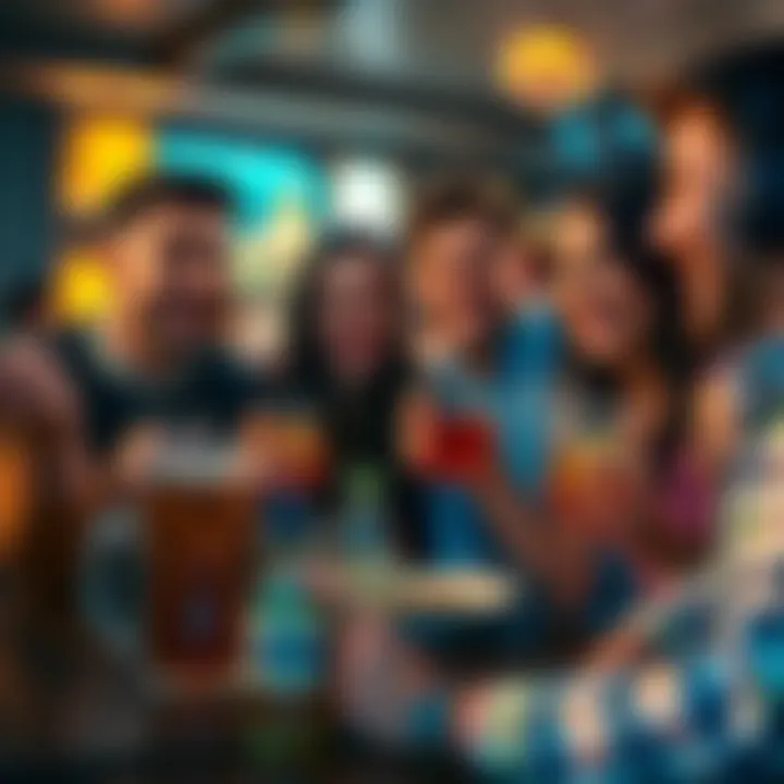 Group of friends playing a drinking game, smiling and holding drinks while listening for affirming words