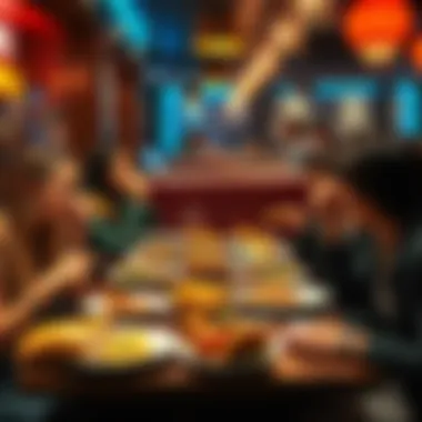 A group of friends enjoying a meal at a restaurant, with various dishes on the table including chicken tenders and different cuisines, showing a mix of excitement and hesitation in trying new foods.