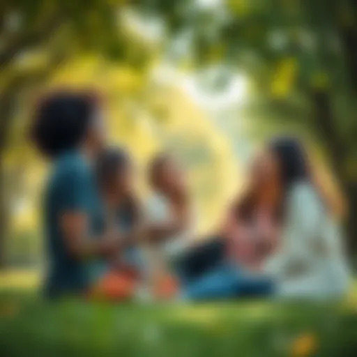 A group of friends laughing and sharing stories in a park, highlighting the joy of connection and support.