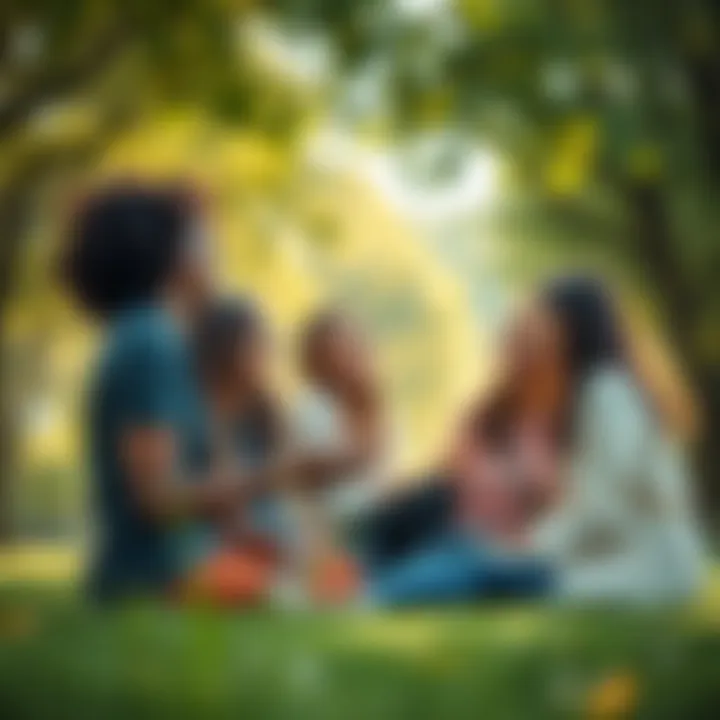 A group of friends laughing and sharing stories in a park, highlighting the joy of connection and support.