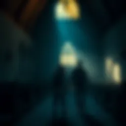 A group of friends looking around in a dark, empty church, with a shadowy corner suggesting something might be lurking there.
