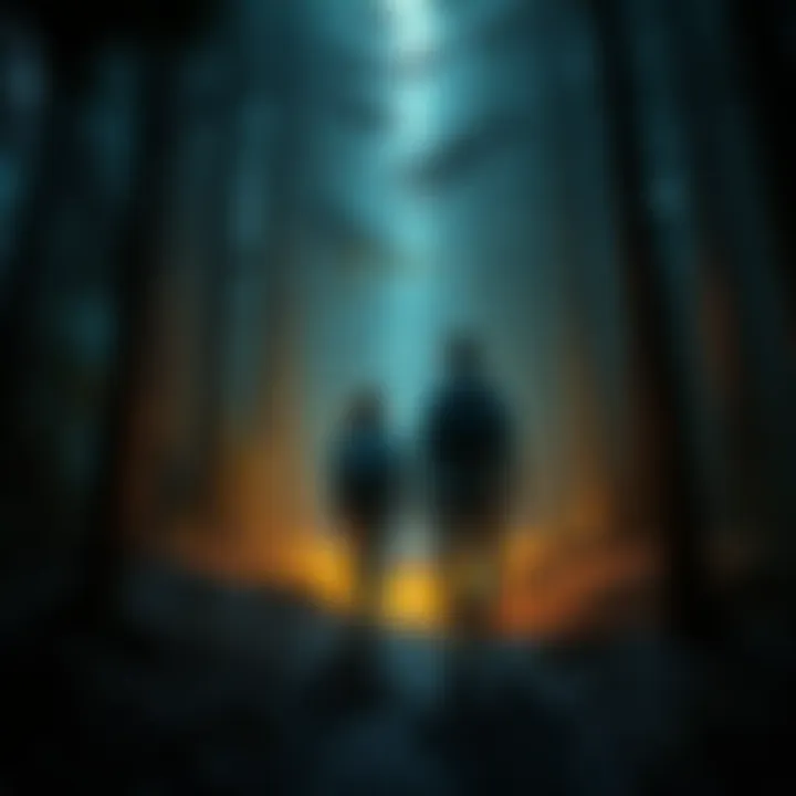 Friends exploring dark forest Two friends walking in a dimly lit forest, looking uneasy as they approach a murky area linked to a past crime.