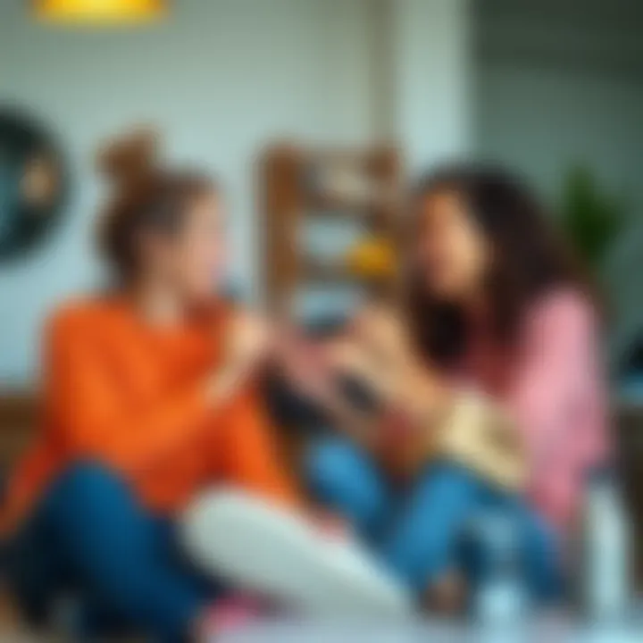 Two close friends sitting together, laughing and doing each other's hair and nails while sharing thoughts