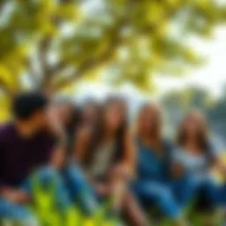 A group of 56 friends smiling and enjoying time together in a sunny park setting.
