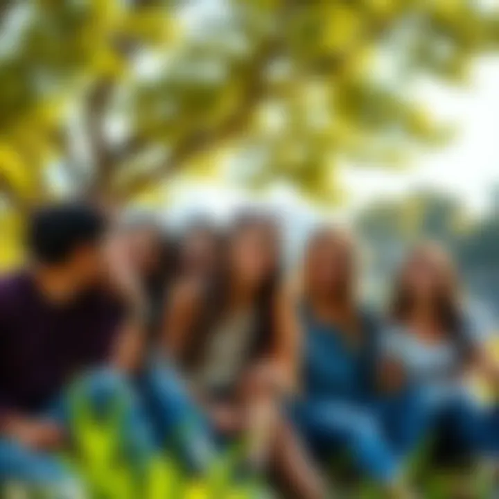 Group of friends in a park A group of 56 friends smiling and enjoying time together in a sunny park setting.