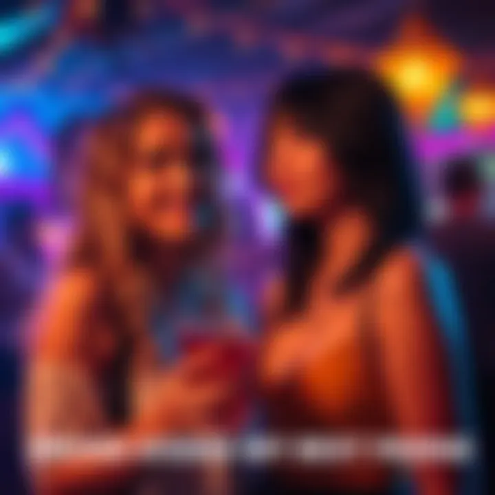 Two friends sharing a moment A scene showing two friends looking confused after a drunken kiss, one person smiling nervously while the other appears unsure, with a party atmosphere in the background.