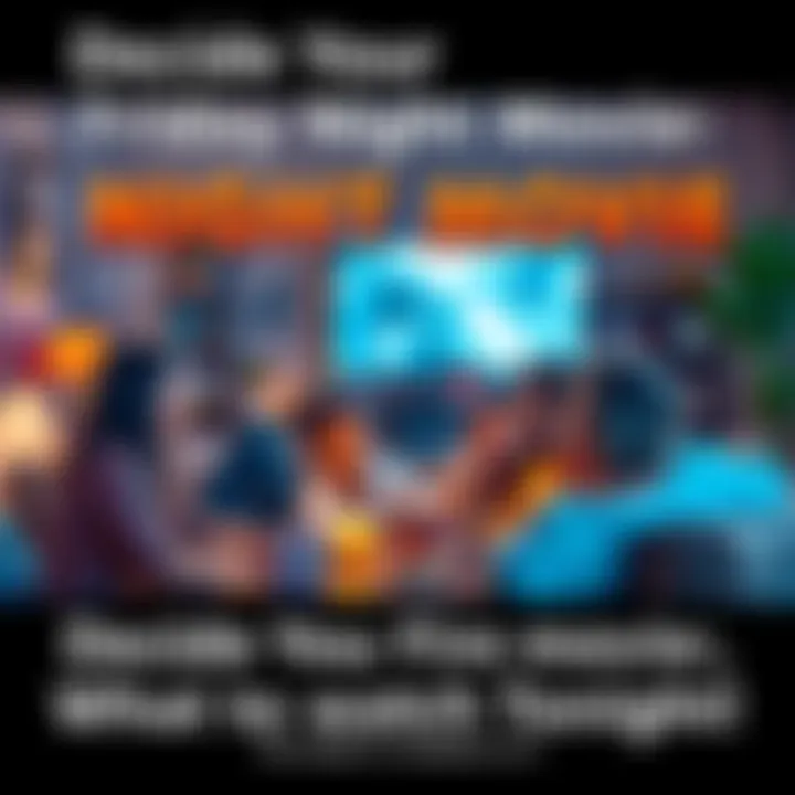 People choosing a movie A group of friends gathered around a couch, discussing movie options with snacks on the table